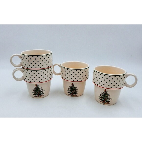 Spode Christmas Tree Collection Polka Dot Stackable Mugs Coffee Tea Set of 4 Box - Picture 1 of 10
